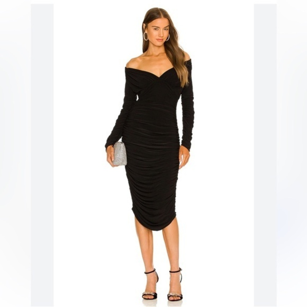 Norma Kamali Black Long Sleeve Dress heavy ruching babydoll midi Tara